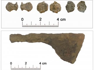 Сверху: свинцовые пломбы «дрогичинского типа», Суздаль. Внизу: топорик из погребения,  могильник Гнездилово 