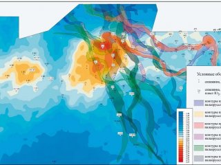 Карта прогнозного коэффициента аномальности с наложением контуров палеорусел отложений средней юры. Иллюстрация предоставлена В.Н. Бородкиным