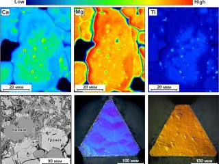 Карты распределения кальция, магния и титана в зональных гранатах, структура полученных образцов и элементы роста алмаза на гранях кристаллов. Источник Юрий Пальянов