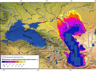 Площадь Каспийского моря при разном уровне воды в нем. Желтым цветом показаны границы распространения Хвалынской трансгрессии моря. Источник - Александр Гельфан