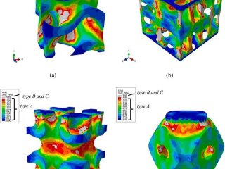 Разные типы структуры решетки скаффолдов ((а) гироид, (б) вариация гироида, (в) IWP, (г) примитив) и их поле коэффициента деформации-концентрации. Источник ПНИПУ