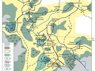 Палеогеографическая схема на время формирования нижней (континентальной) части горизонта Ю2