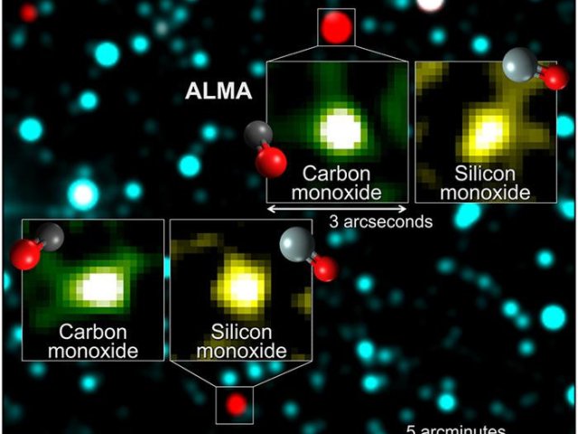 Молекулярные линии излучения от загадочных ледяных объектов, зафиксированные телескопом ALMA. Фоновое изображение представляет собой инфракрасную составную цветовую карту. Фото: ALMA (ESO/NAOJ/NRAO), T. Shimonishi et al. (Niigata Univ.)